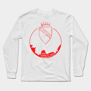 In this picture we see the symbol and emblem of Rome. Also we see the city and its main attraction, and that is Coloseo. We also see the four-letter symbol which translates as (senate and people of Rome). Long Sleeve T-Shirt